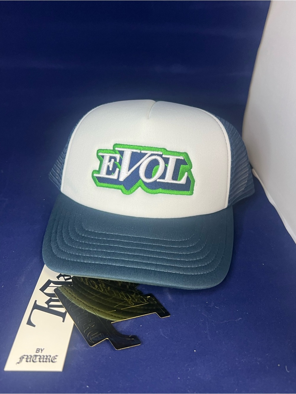 EVOL Embroidered Trucker Hat in White & Teal